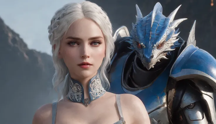 Cirilla Fiona Elen Riannon，Highest image quality，Outstanding details，超高分辨率，（Fidelity：1.4）, Favor the details，closeup cleavage，Ride a dragon，High-tech dragon knight mech，He has a delicate and beautiful face，（（Blue-white flying semi-mechanical fuselage：1.8））...