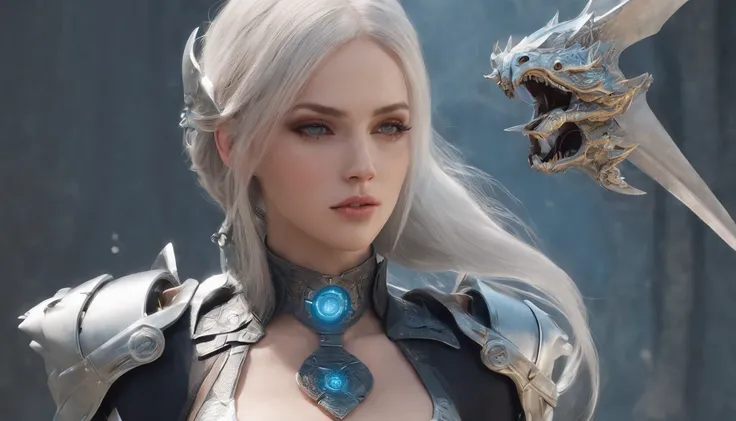 Cirilla Fiona Elen Riannon，Highest image quality，Outstanding details，超高分辨率，（Fidelity：1.4）, Favor the details，closeup cleavage，Ride a dragon，High-tech dragon knight mech，He has a delicate and beautiful face，（（Blue-white flying semi-mechanical fuselage：1.8））...