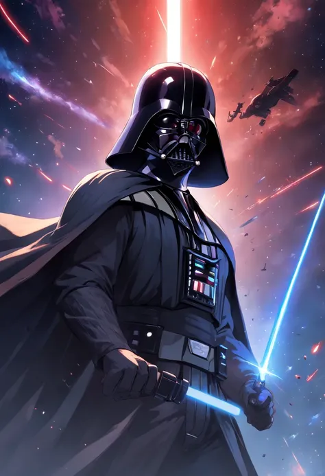 Darth Vader, ((masculino)), retrato, lado escuro, sabre de luz vermelho brilhante, olhos intensos, voz grave, figura imponente, terno fortemente blindado, Cabo Ondulante, Senhor Sith, capacete, WMASK, heavy breathing, mechanical limbs, Guerra nas Estrelas,...