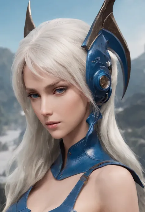 Cirilla Fiona Elen Riannon，Highest image quality，Outstanding details，超高分辨率，（Fidelity：1.4）, Favor the details，closeup cleavage，Ride a dragon，High-tech dragon knight mech，He has a delicate and beautiful face，（（Blue-white flying semi-mechanical fuselage：1.8））...