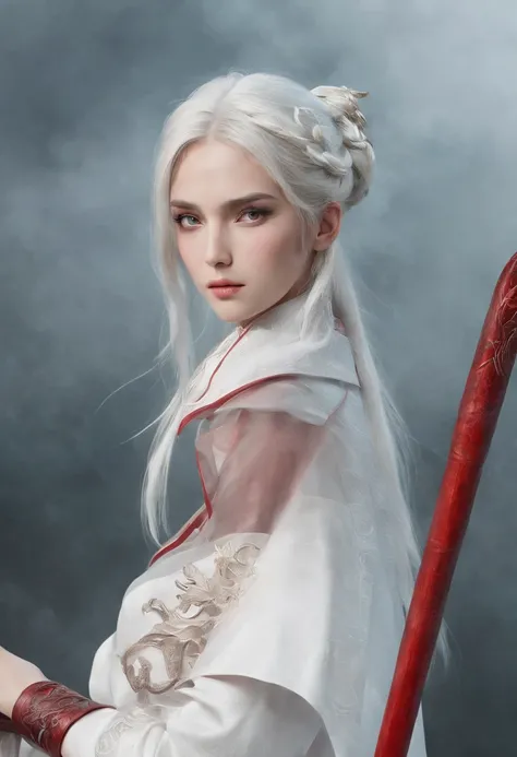 Cirilla Fiona Elen Riannon，动态照明，art  stations，poster for，Volumetriclighting，Very detailed faces，4k wallpapers，He has a delicate and beautiful face，long hair flowing，horse tailed，Fringed Hair Ornament，Dynamic perspective，White Hanfu，White gauze flying，red w...