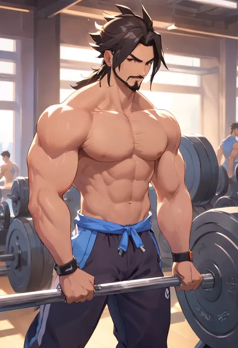 Hanzo Overwatch working out in a bodybuilding gym, well-defined muscles, focus in muscles, detailed biceps and triceps, cabelo perfeito, rosto perfeito, perfect hands, dedos perfeitos