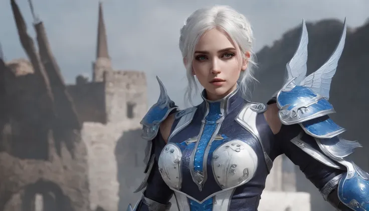 Cirilla Fiona Elen Riannon，Highest image quality，Outstanding details，超高分辨率，（Fidelity：1.4）, Favor the details，closeup cleavage，Ride a dragon，High-tech dragon knight mech，He has a delicate and beautiful face，（（Blue-white flying semi-mechanical fuselage：1.8））...