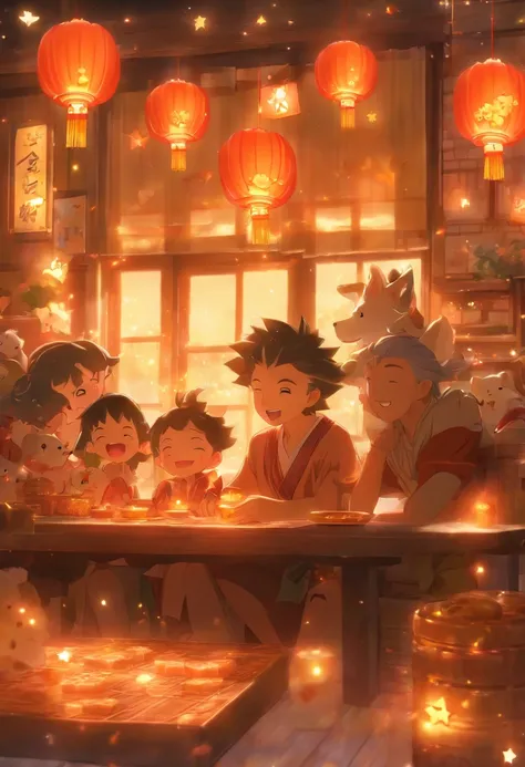 (top-quality、8K、tmasterpiece:1.3)、Full moon and stars in sky illustration，The family sits together eating mooncakes,Mom and dad laugh with the kids，Have in the living room、Bright house scene，extremely detailed face and skin，Heartwarming scene，perfect  deta...