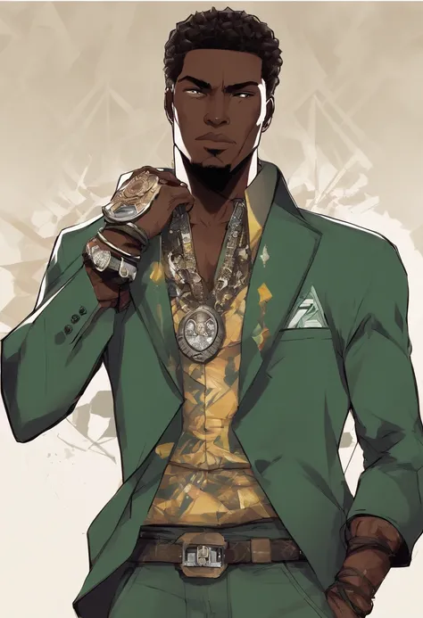 a close up of a dark skin person wearing fancy clothing consisting a brown jacket with jaguar designs with a white tank top underneath it, dark gray jeans with a black belt on his waist and brown shoes with golden toe caps. He also wears two golden chain n...