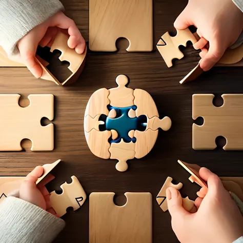 I need an image that contains 3 puzzle pieces on a table view from above