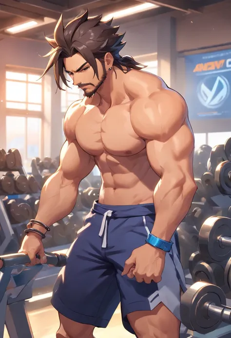 Hanzo Overwatch working out in a bodybuilding gym, well-defined muscles, focus in muscles, detailed biceps and triceps, cabelo perfeito, rosto perfeito, perfect hands, dedos perfeitos