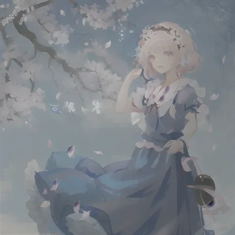 Anime girl in blue dress standing under a tree with white flowers, loli in dress, haruhi, saori, from touhou, sakura petals around her, Sakura Kinomoto, offcial art, Beautiful anime artwork, touhou character, anime illustration, Loli, anime visual of a cut...