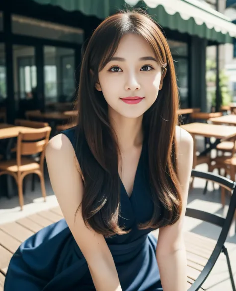 ((Top quality, 8K, Masterpiece: 1.3)), Beautiful girl, Pure, Melon face, Kind and cute, Sweet smile, Pure desire, Slender body, (Front), (Tilted head), ((Looking at camera) ), wearing a marine blue colored suit, black silky long hair, long flowing shoulder...