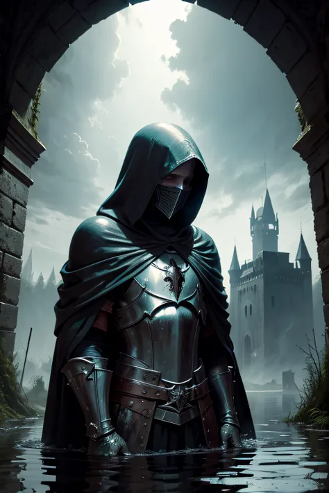 Hooded knight overlooking a deserted and worn-down castle submerged under a swamp