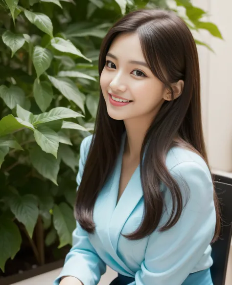 ((Top quality, 8K, Masterpiece: 1.3)), Beautiful girl, Pure, Melon face, Kind and cute, Sweet smile, Pure desire, Slender body, (Front), (Tilted head), ((Looking at camera) ), wearing a marine blue colored suit, black silky long hair, long flowing shoulder...