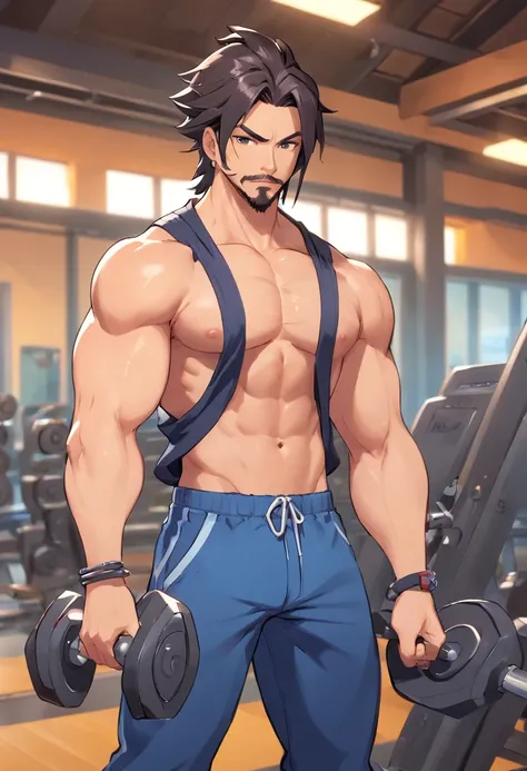 Hanzo Overwatch working out in a bodybuilding gym, well-defined muscles, focus in muscles, detailed biceps and triceps, cabelo perfeito, rosto perfeito, perfect hands, dedos perfeitos