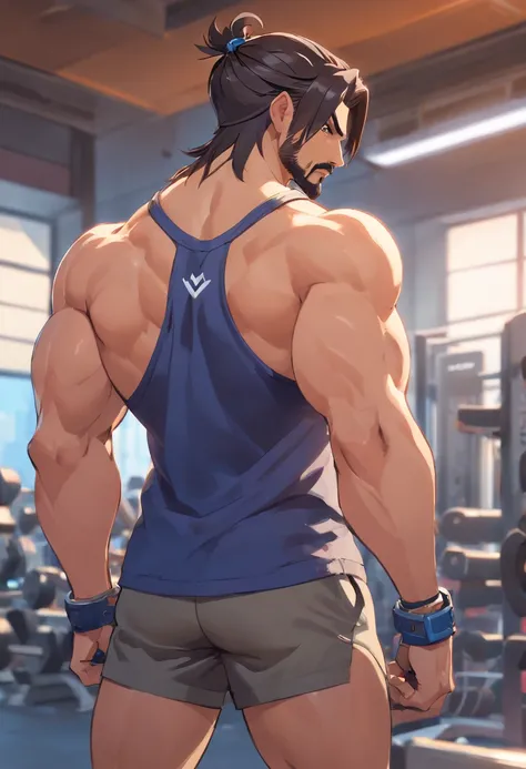 Hanzo Overwatch working out in a bodybuilding gym, well-defined muscles, focus in muscles, detailed biceps and triceps, cabelo perfeito, rosto perfeito, perfect hands, dedos perfeitos