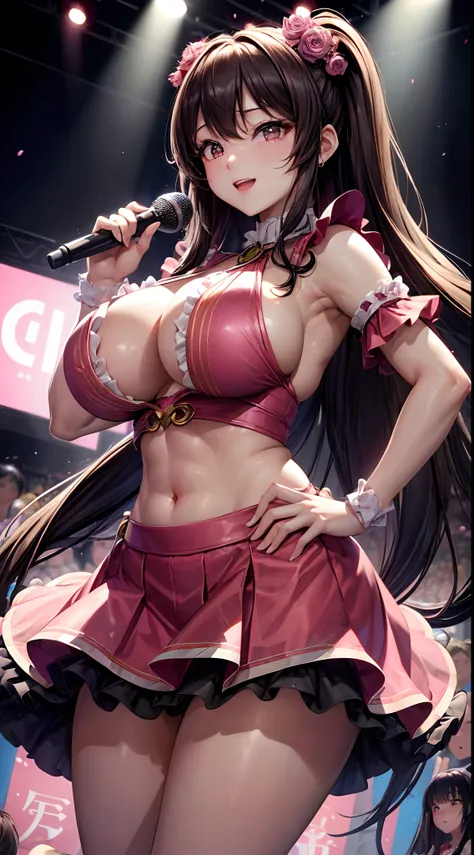 (top-quality、​masterpiece、超A high resolution、Photorealsitic:1.4)、Japan idol woman、(ultra gigantic tits、Split abs:1.4)、(Plump、perspiring)、thick thighs、long legged、Big ass、(A dark-haired、Twin-tailed、Idol costume of pink color with frills:1.4)、(Bursting smile...