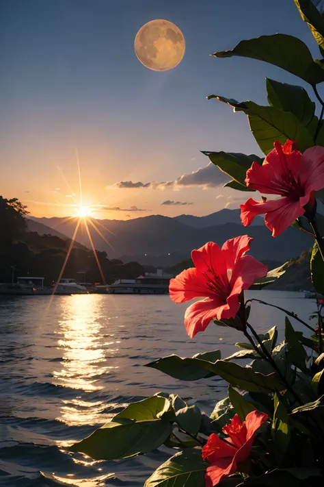 hibiscus Moon with water drops,neon glow, random background, sun rise, bokha mood