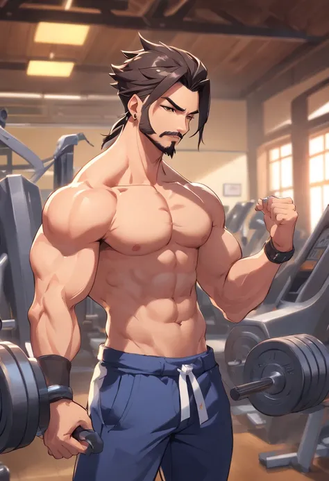 Hanzo Overwatch working out in a bodybuilding gym, well-defined muscles, focus in muscles, detailed biceps and triceps, cabelo perfeito, rosto perfeito, perfect hands, dedos perfeitos