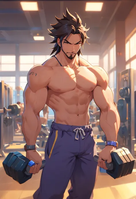 Hanzo Overwatch working out in a bodybuilding gym, well-defined muscles, focus in muscles, detailed biceps and triceps, cabelo perfeito, rosto perfeito, perfect hands, dedos perfeitos