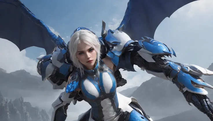 Cirilla Fiona Elen Riannon，Highest image quality，Outstanding details，超高分辨率，（Fidelity：1.4）, Favor the details，closeup cleavage，Ride a dragon，High-tech dragon knight mech，He has a delicate and beautiful face，（（Blue-white flying semi-mechanical fuselage：1.8））...