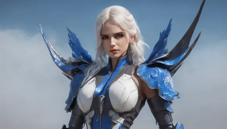 Cirilla Fiona Elen Riannon，Highest image quality，Outstanding details，超高分辨率，（Fidelity：1.4）, Favor the details，closeup cleavage，Ride a dragon，High-tech dragon knight mech，He has a delicate and beautiful face，（（Blue-white flying semi-mechanical fuselage：1.8））...