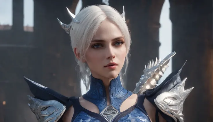 Cirilla Fiona Elen Riannon，Highest image quality，Outstanding details，超高分辨率，（Fidelity：1.4）, Favor the details，closeup cleavage，Ride a dragon，High-tech dragon knight mech，He has a delicate and beautiful face，（（Blue-white flying semi-mechanical fuselage：1.8））...