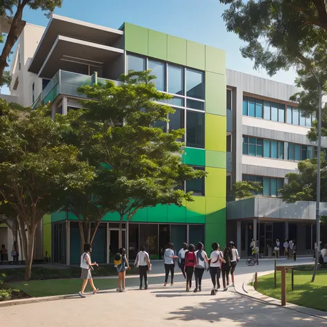 (story:1.2)A modern and ecological school building situated in the city of São Paulo, with surrounding buildings and vibrant atmosphere. (school building) The main focus of the image is a contemporary, state-of-the-art school building that stands out among...