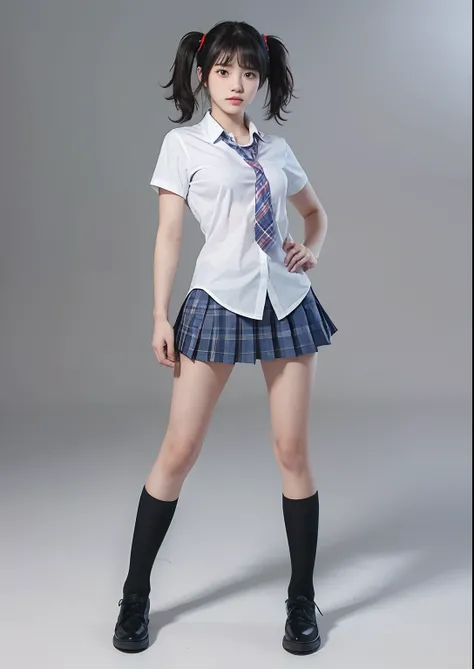 a girl, school uniform, white shirt, blue plaid skirt, red tie, hyperrealistic, school background, beautiful high school girl, school girl, cute schoolgirl, two tail hair style, black shoes, Ling Xiaoyu from Tekken