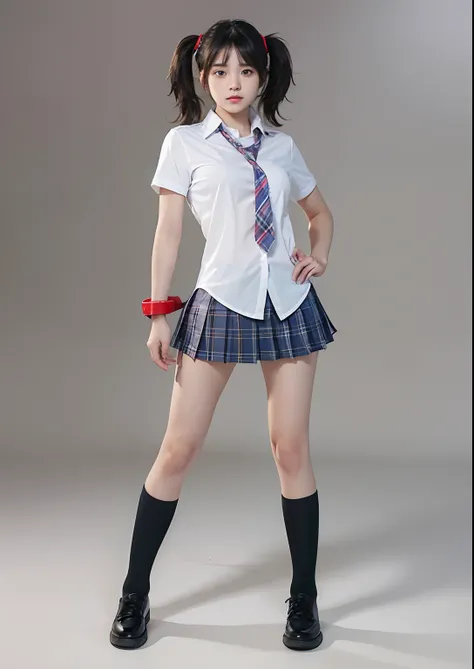 a girl, school uniform, white shirt, blue plaid skirt, red tie, hyperrealistic, school background, beautiful high school girl, school girl, cute schoolgirl, two tail hair style, black shoes, Ling Xiaoyu from Tekken