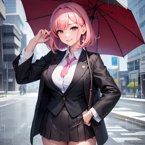 hi-school girl，校服、Black Blazer，Beautiful girl with umbrella，girl with，A smile，under the rain，top-quality，Colossal tits，超A high resolution，​masterpiece，Pink hair，Beautiful Beautiful Girl，Perfect facial features