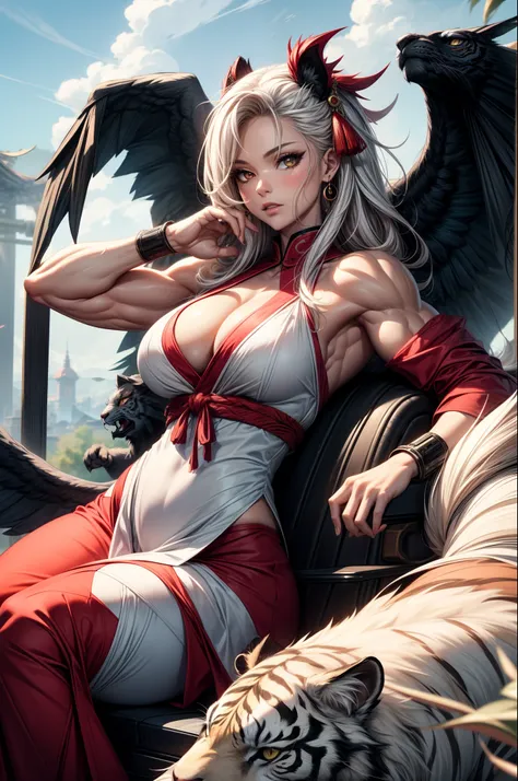 masterpiece, best quality:1.2), ((muscular:1.5)) ((female:1.5)),busty,curvy, ((girl)),(Splash Art), (masutepiece ,Best Quality:1.2), 1girl in, Sitting on the clouds, Detailed face, strong facial expression, White hair, colourfull, Red and white Chinese sty...