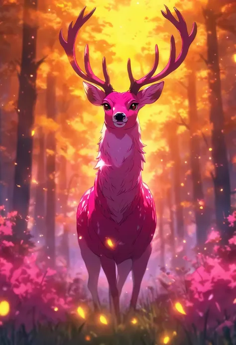 a detailed anime drawing of a large adult ((pink)) deer with ((bright yellow eyes)) that gives off a aura of grace with large heart-shaped antlers dashing through a meadow by itself