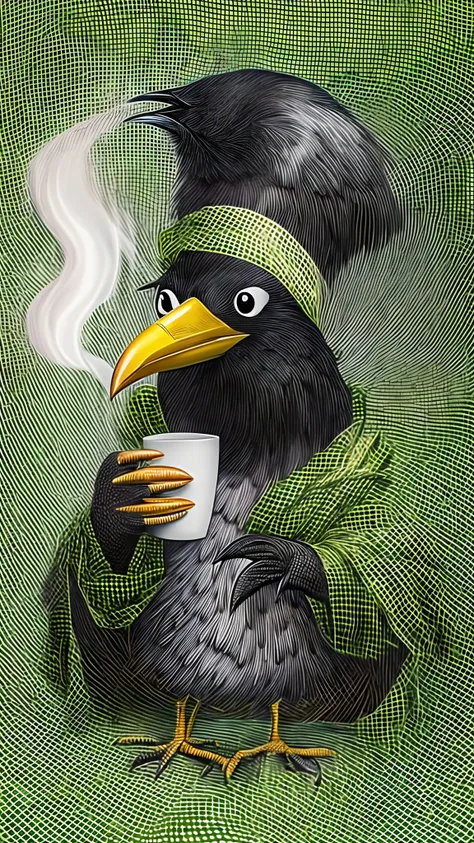 (melhor qualidade:1.23), (obra-prima:1.12), (realista:1.24), (Anthropomorphic crow:1.5) holding a cup of coffee, sentado, in a bathrobe, having breakfast and holding a cup of coffee, volumeric lighting, Sala de estar, muitos gadgets e equipamentos em chama...