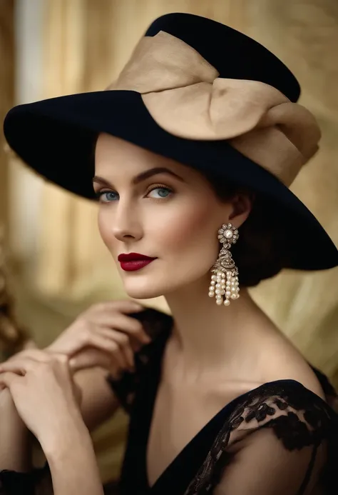 a model wearing pearl earrings and a hat, in the style of antique influences, wavy, art deco-inspired, storybook-like, vintage cut-and-paste, gentle contours, paris school