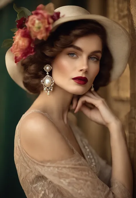 a model wearing pearl earrings and a hat, in the style of antique influences, wavy, art deco-inspired, storybook-like, vintage cut-and-paste, gentle contours, paris school