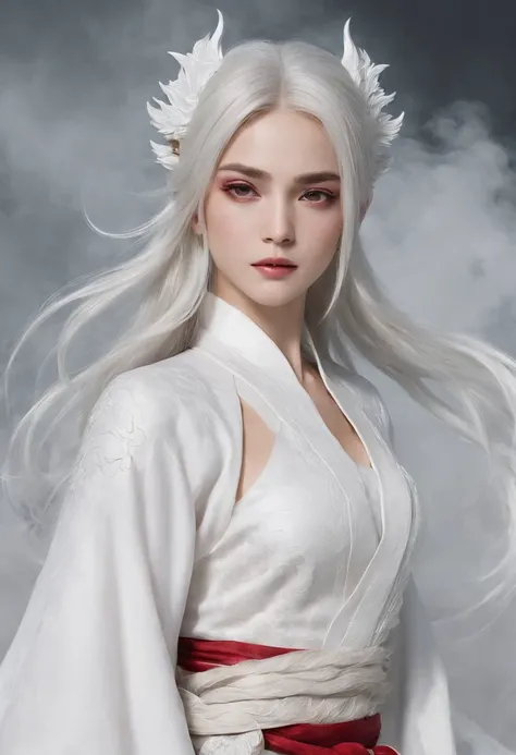 Cirilla Fiona Elen Riannon，动态照明，art  stations，poster for，Volumetriclighting，Very detailed faces，4k wallpapers，He has a delicate and beautiful face，long hair flowing，horse tailed，Fringed Hair Ornament，Dynamic perspective，White Hanfu，White gauze flying，red w...