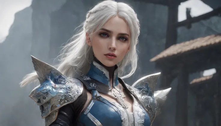 Cirilla Fiona Elen Riannon，Highest image quality，Outstanding details，超高分辨率，（Fidelity：1.4）, Favor the details，closeup cleavage，Ride a dragon，High-tech dragon knight mech，He has a delicate and beautiful face，（（Blue-white flying semi-mechanical fuselage：1.8））...