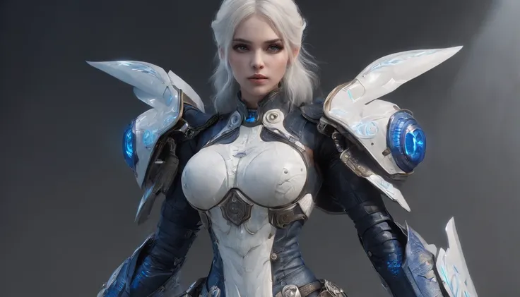 Cirilla Fiona Elen Riannon，Highest image quality，Outstanding details，超高分辨率，（Fidelity：1.4）, Favor the details，closeup cleavage，Ride a dragon，High-tech dragon knight mech，He has a delicate and beautiful face，（（Blue-white flying semi-mechanical fuselage：1.8））...