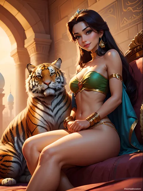 Disney princess Jasmine, sitting in the Agrabah palace, tiger sitting next to her, smiling