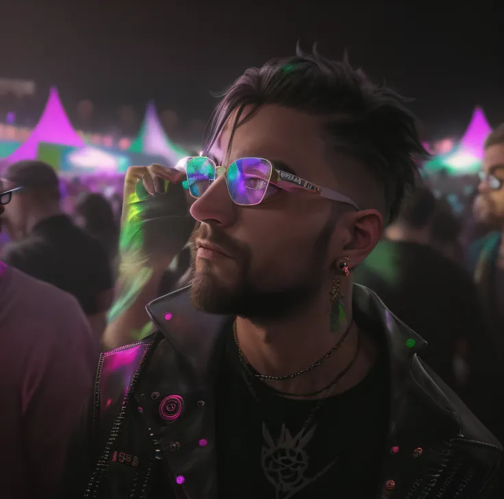 Theres a man wearing glasses at a festival with people, festival vibes, em uma rave, a person at a music festival, olhando heckin legal e elegante, cena de uma rave, foto de perfil, cyberpunk eye wear, festa rave, usando streetwear cyberpunk, cyberpunk vib...