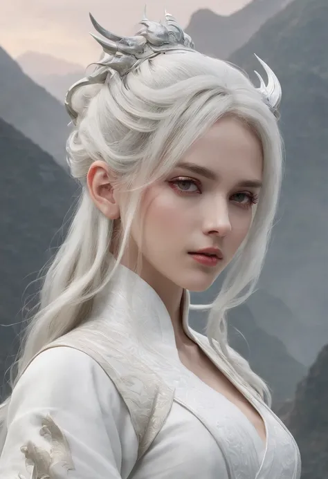 Cirilla Fiona Elen Riannon，动态照明，art  stations，poster for，Volumetriclighting，Very detailed faces，4k wallpapers，He has a delicate and beautiful face，long hair flowing，horse tailed，Fringed Hair Ornament，Dynamic perspective，White Hanfu，White gauze flying，red w...