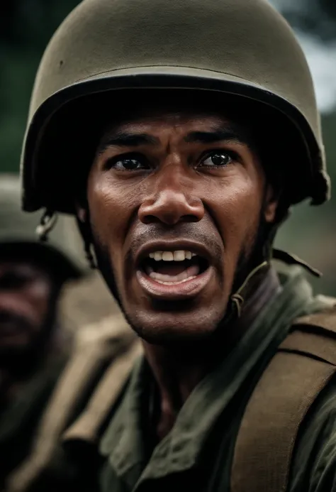 close up, face of an American soldier from the Vietnam War, angry expression, shouting loudly, realistic, extremely detailed, 4k, HDR