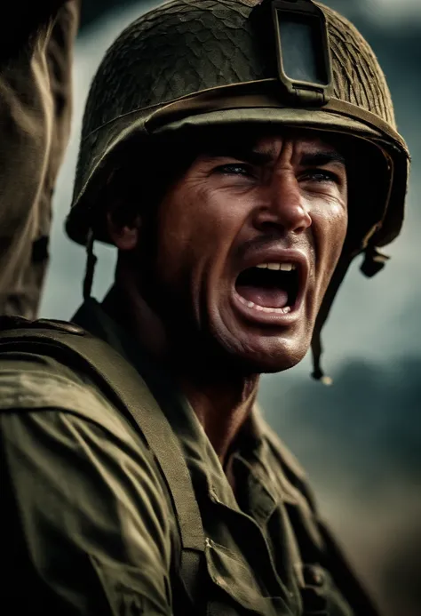 close up, face of an American soldier from the Vietnam War, angry expression, shouting loudly, realistic, extremely detailed, 4k, HDR