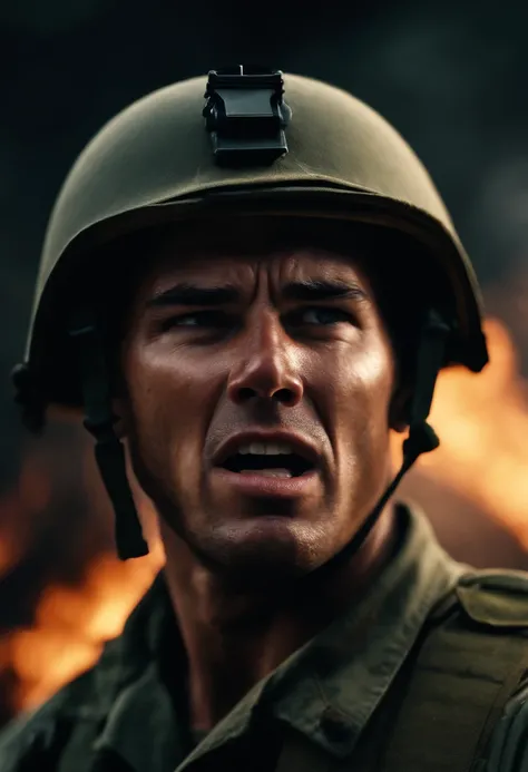 close up, face of an American soldier from the Vietnam War, angry expression, screaming DESPERATELY, realistic, extremely detailed, 4k, HDR