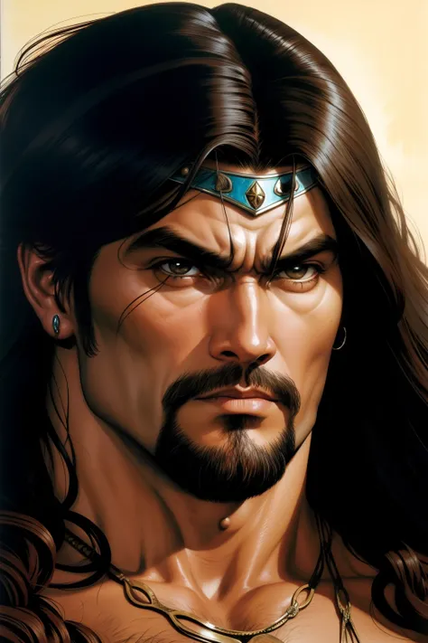 um close up de um homem em um cavalo com uma espada, Conan, Illustration by Conan, the Barbarian, Conan, the Barbarian, frank frazetta manga style, Retrato de Conan, the Barbarian, Jason Momoa como Conan, Estilo Frank Frazetta, Marcos Brooks Frank Frazetta...