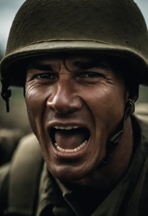 close up, face of an American soldier from the Vietnam War, angry expression, screaming DESPERATELY, realistic, extremely detailed, 4k, HDR