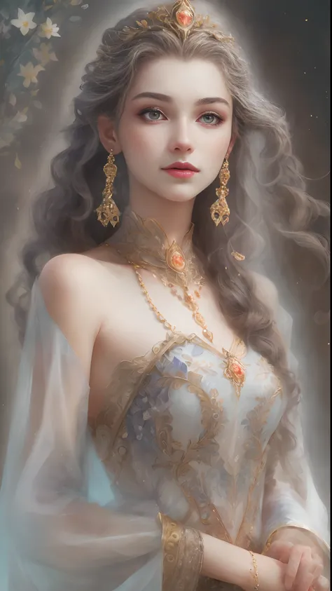 (Best quality, 4K, 8K, A high resolution, Masterpiece:1.2), Ultra-detailed, Realistic portrait of the upper body of an 18 year old aristocratic girl, Exquisite facial features，Clear and shiny eyes，Long curly hair details expressed, The posture is leisurely...