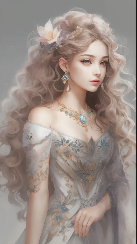 (Best quality, 4K, 8K, A high resolution, Masterpiece:1.2), Ultra-detailed, Realistic portrait of the upper body of an 18 year old aristocratic girl, Exquisite facial features，Clear and shiny eyes，Long curly hair details expressed, The posture is leisurely...