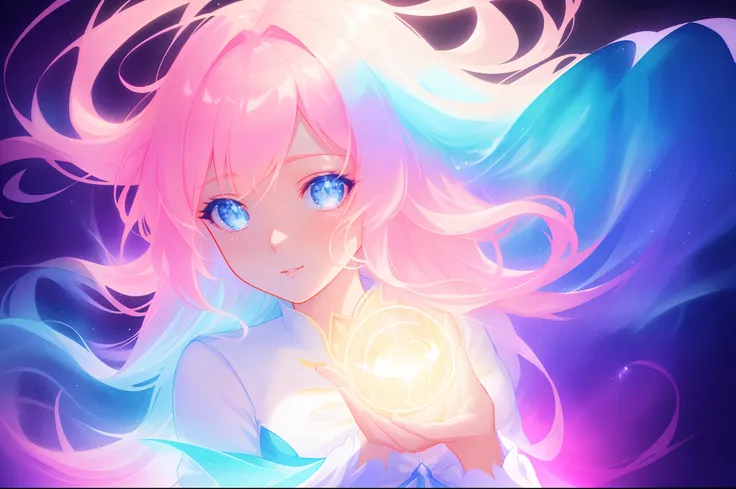 beautiful anime girl in glowing dress, inspired by Glen Keane, inspired by Lois van Baarle, disney art style, by Lois van Baarle, glowing aura around her, by Glen Keane, jen bartel, glowing lights! digital painting, flowing glowing hair, glowing flowing ha...