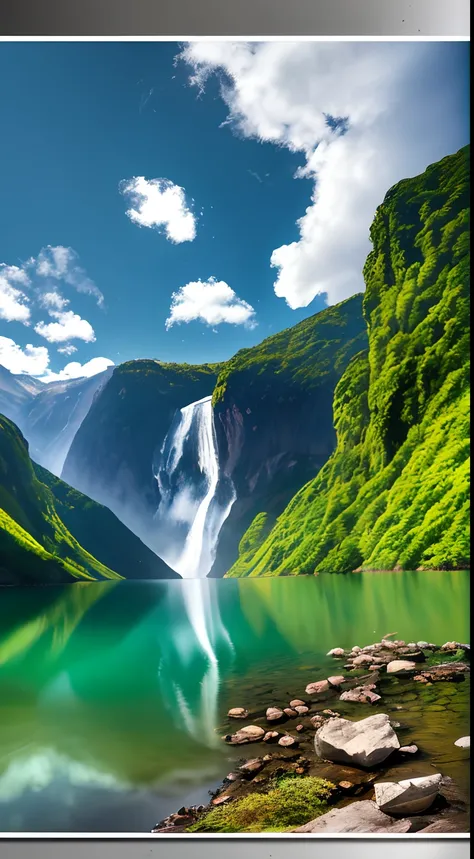 Masterpiece, ultimate quality, Cg unity 8k wallpaper, super delicate, beautiful sky and clouds, rich natural scenery, cliffs, lakes and rivers, waterfalls and flying water, beautiful green mountains, no trace of people, excellent scenery, has already won a...