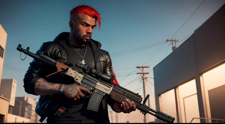 A lonely man, tattooed, red hair, red cut, gta character, As the protagonist of GTA 5, GTA V Style, Kanye West in GTA v, GTA5 Style, gta v character, wielding assault rifle, rifle in hand, AK rifle -47, gta 5 black skin tone