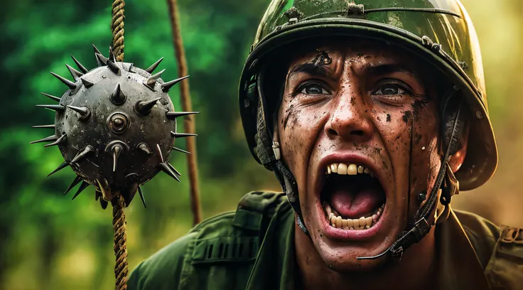 Theres a man in a helmet with his head nailed, foto de retrato, dramatic action photography, foto de retrato em close-up, fotografia de combate, close up foto de retrato, fotografia de combate e aventura, irritado 8 k, epic portrait of menacing, soldado so...